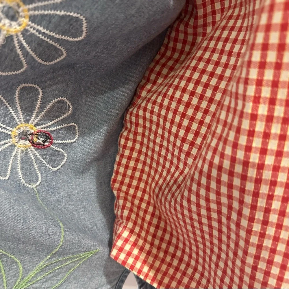 Ms. Lee Vintage Floral Embroidered Denim Set with Red Gingham Top Medium - Picture 3 of 13